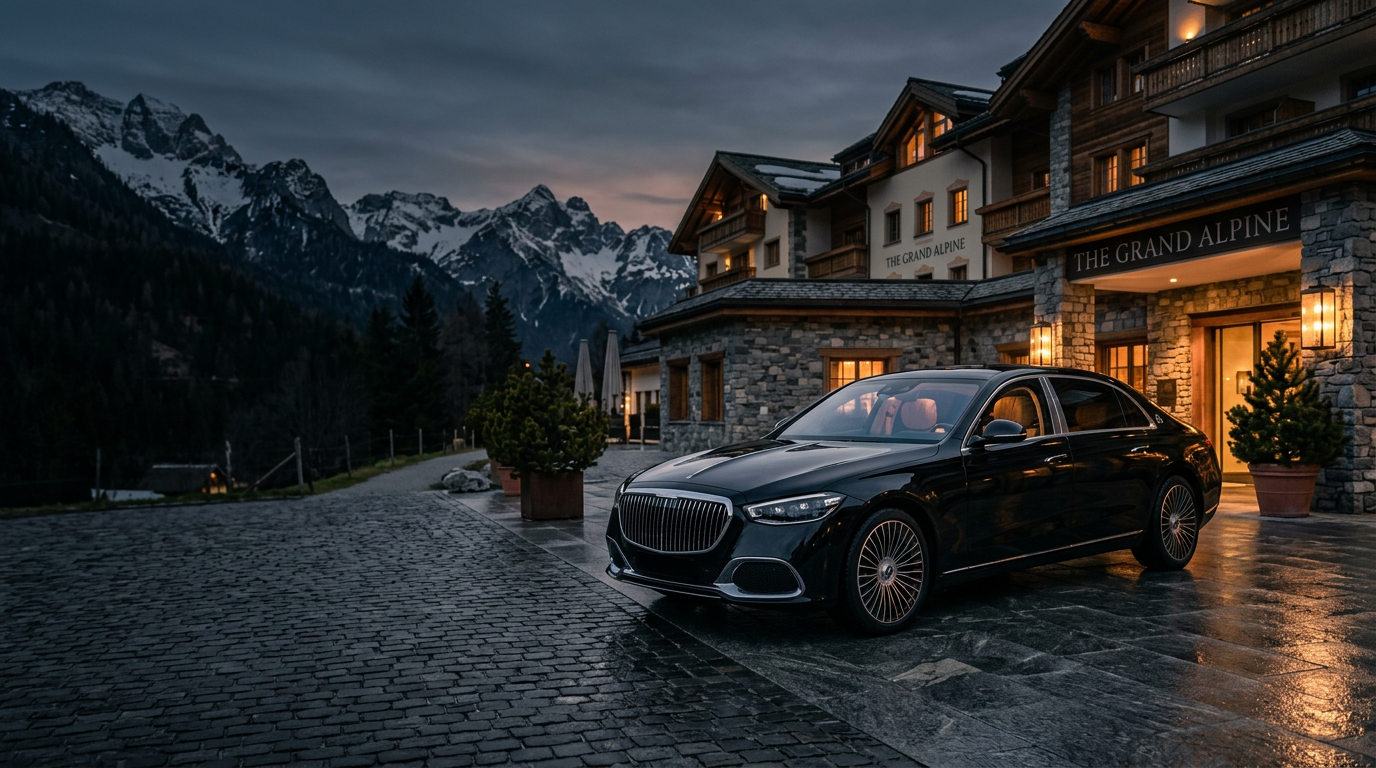 Luxury sedan waiting outside a modern hotel